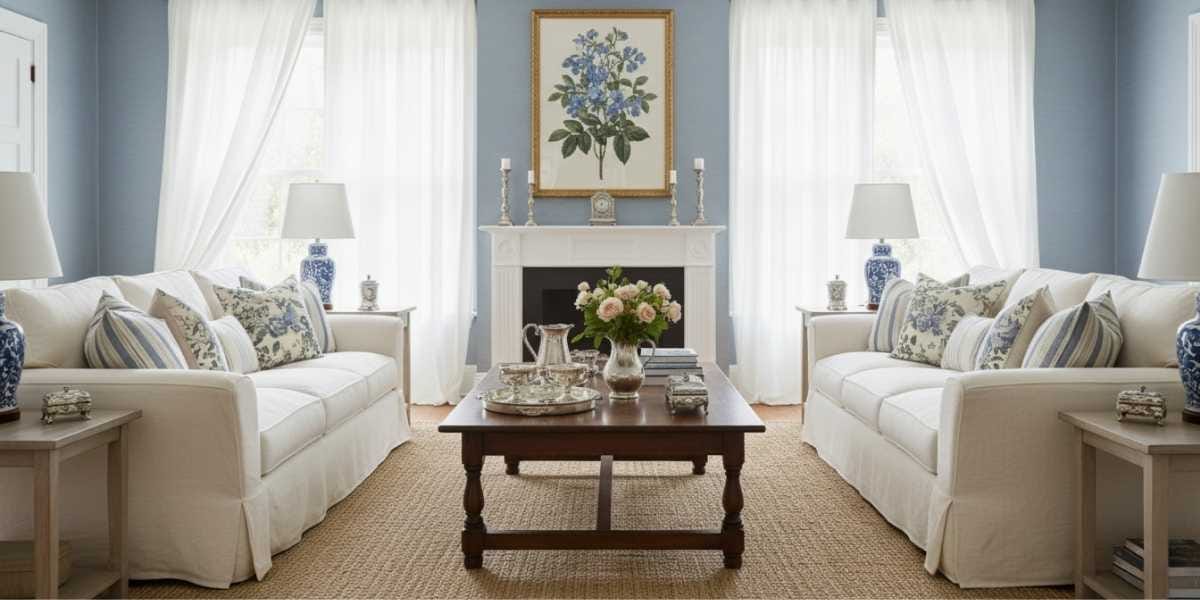 A bright living room with a neutral white and pale blue palette, anchored by a rich dark wood coffee table and styled with antique silver accents and blue floral cushions.