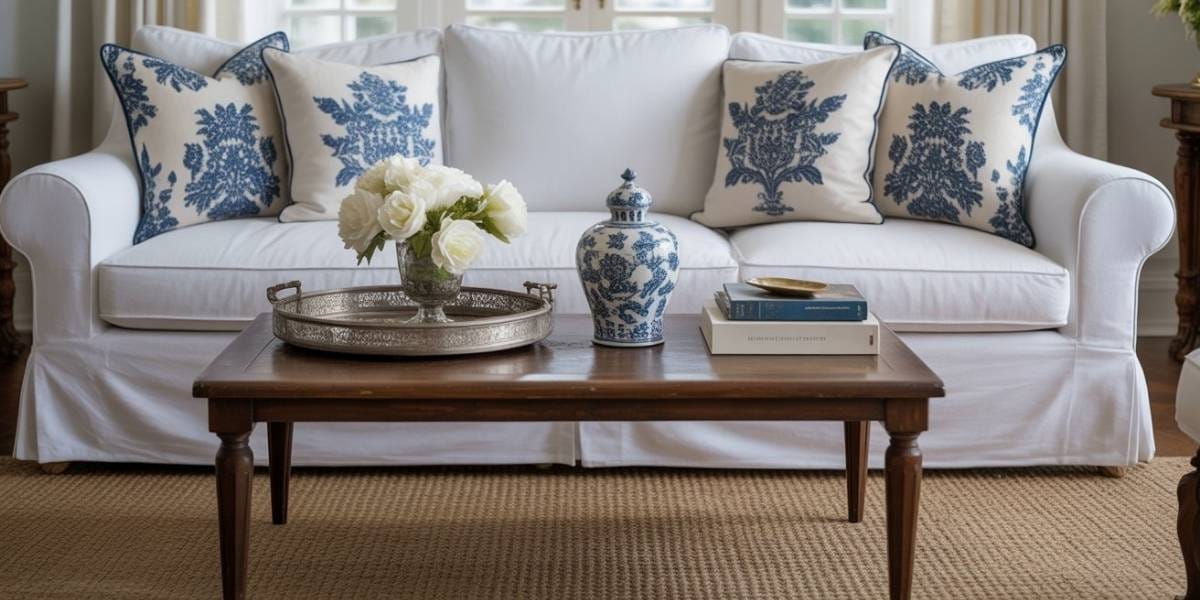 A living room styled in the Hollywood Cottage trend featuring slipcovered linen and antique silver.