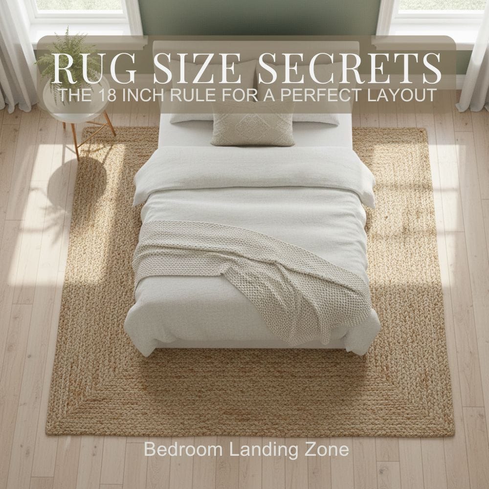 Professional top-down view of a king bed with a large jute rug showing the 18-inch border rule for a Slow Interior bedroom layout.