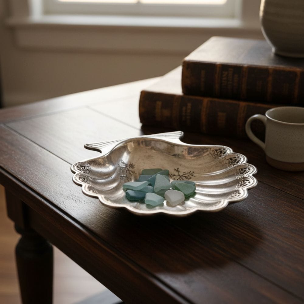 Antique silver home decor shell dish on a dark wood coffee table