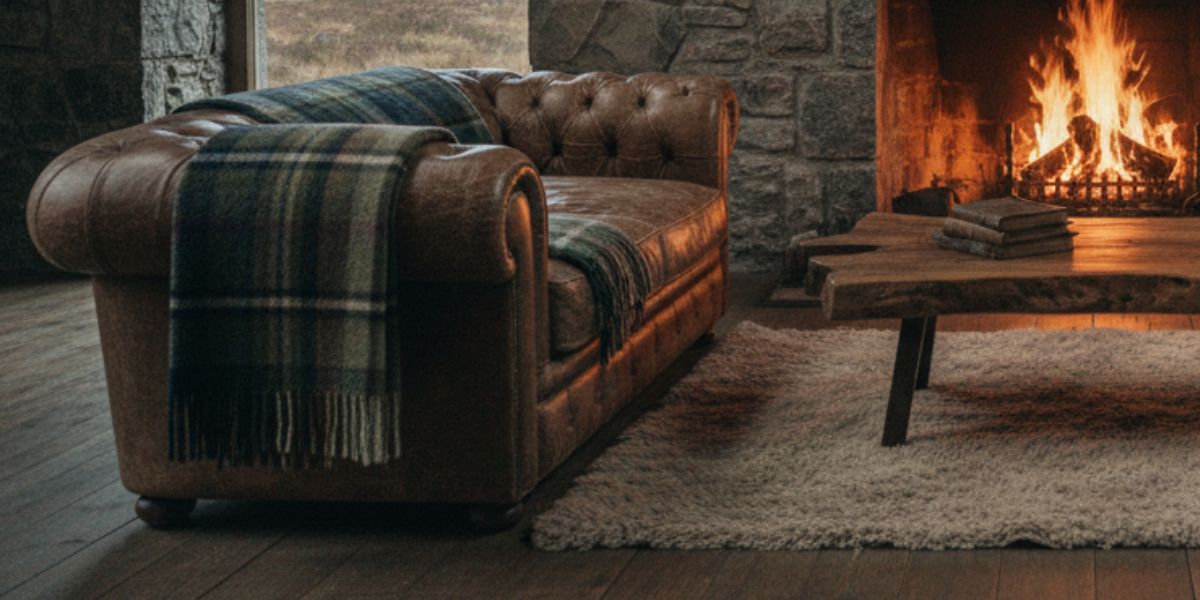 Scotland Highlands aesthetic home decor living room with tartan and stone.