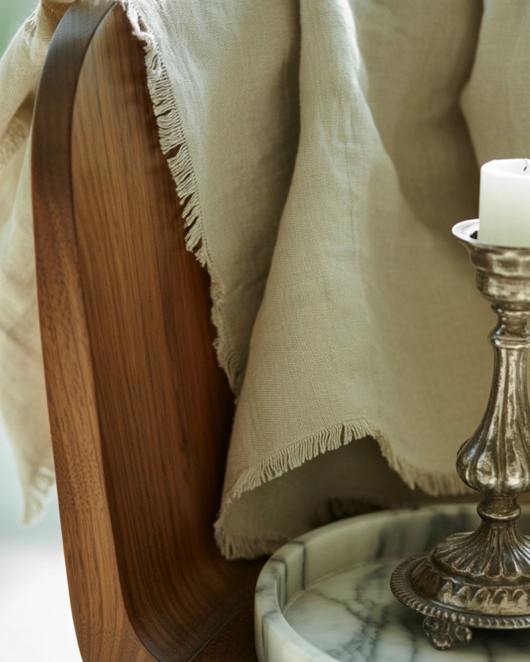 Close-up of high-quality linen textiles and brass home decor representing timeless furniture investments.