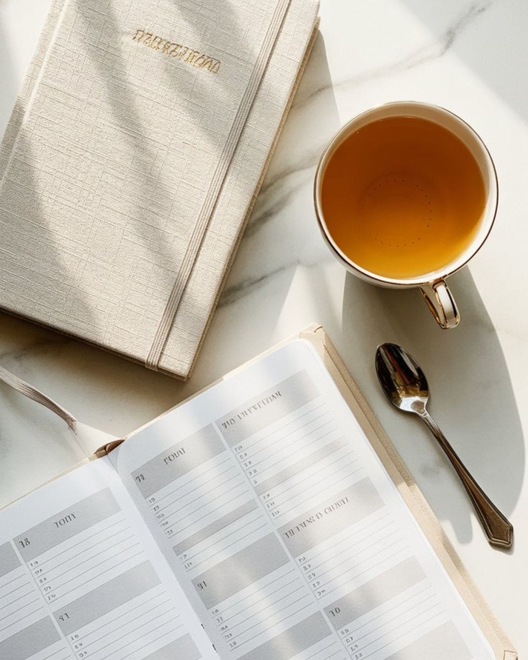 Minimalist flat lay featuring a linen journal and planner on a wooden desk, symbolizing internal clarity and goal tracking.