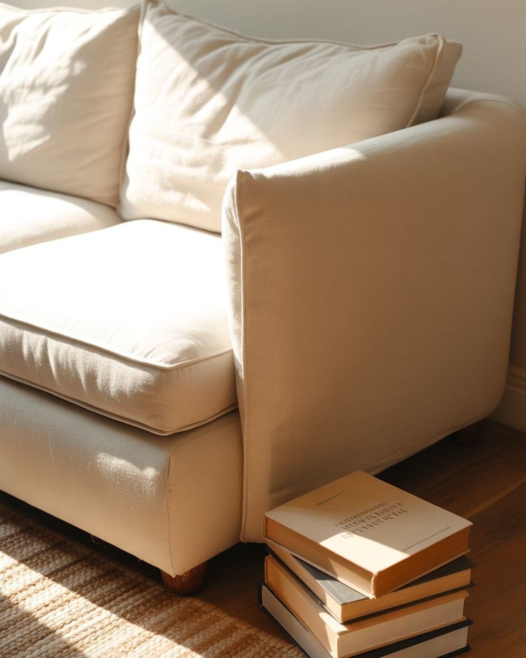 A sun-drenched, airy living room corner with a neutral textured rug and minimalist styling for a slow interior aesthetic.
