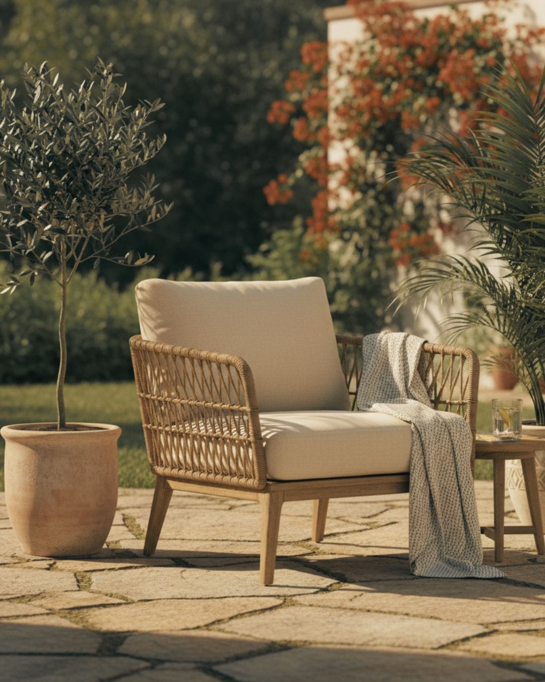 Lifestyle photography of a styled outdoor patio with weather-resistant furniture and lush greenery for an island-inspired garden.