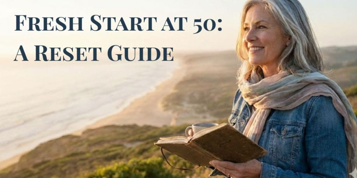 Smiling woman at 50 holding a journal and coffee overlooking a serene coastal sunrise, representing a life reset and intentional living.