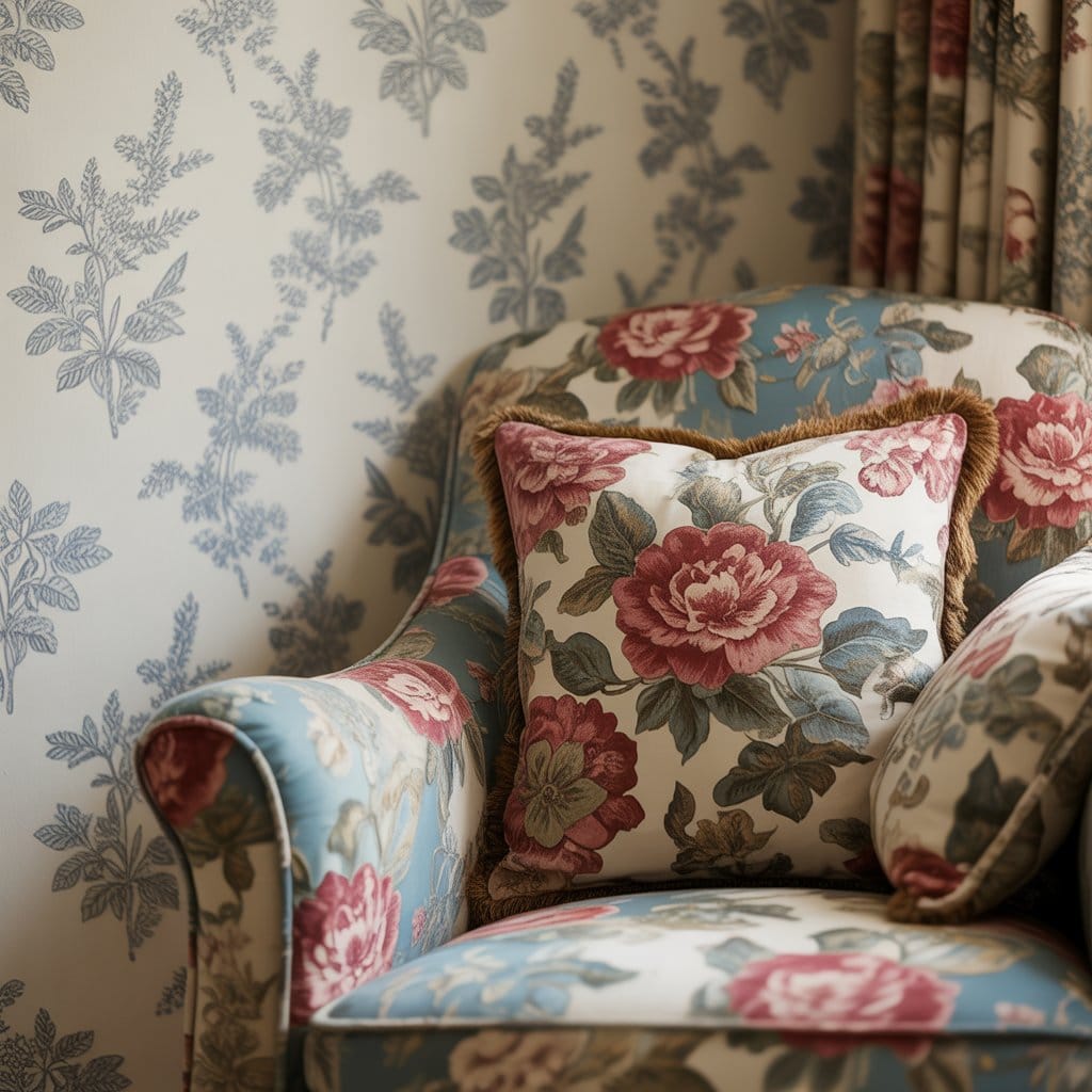 A maximalist reading nook featuring layered floral patterns with vintage wallpaper and matching upholstered armchair in a cozy Hollywood Cottage interior.