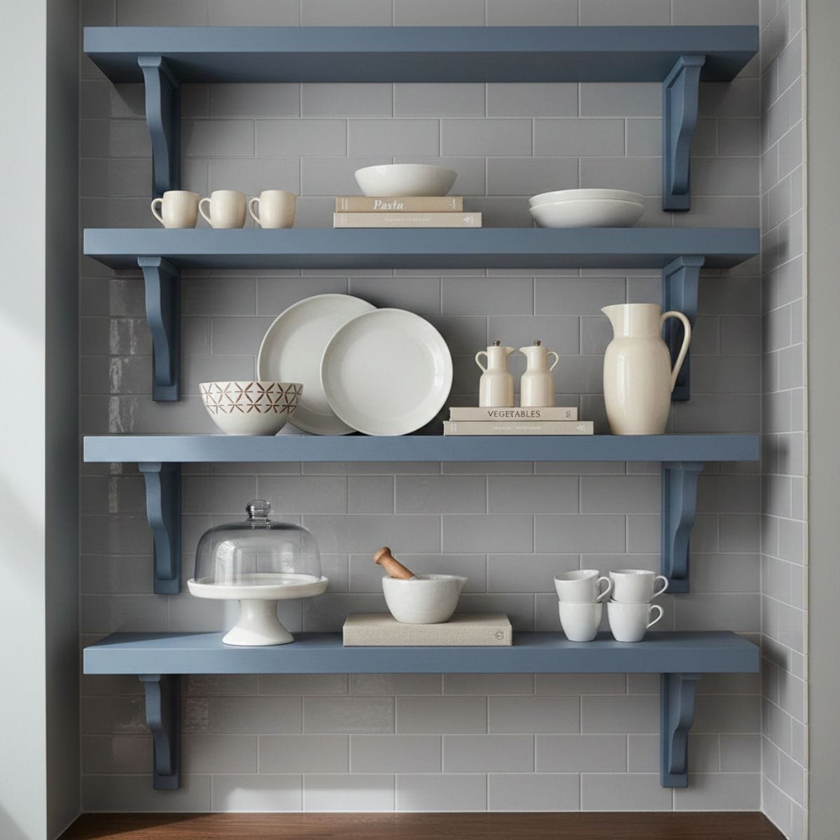 Stylized open kitchen shelves painted in a muted slate blue, showcasing a collection of cream ceramics and cookbooks as part of the 2026 color palette reset.