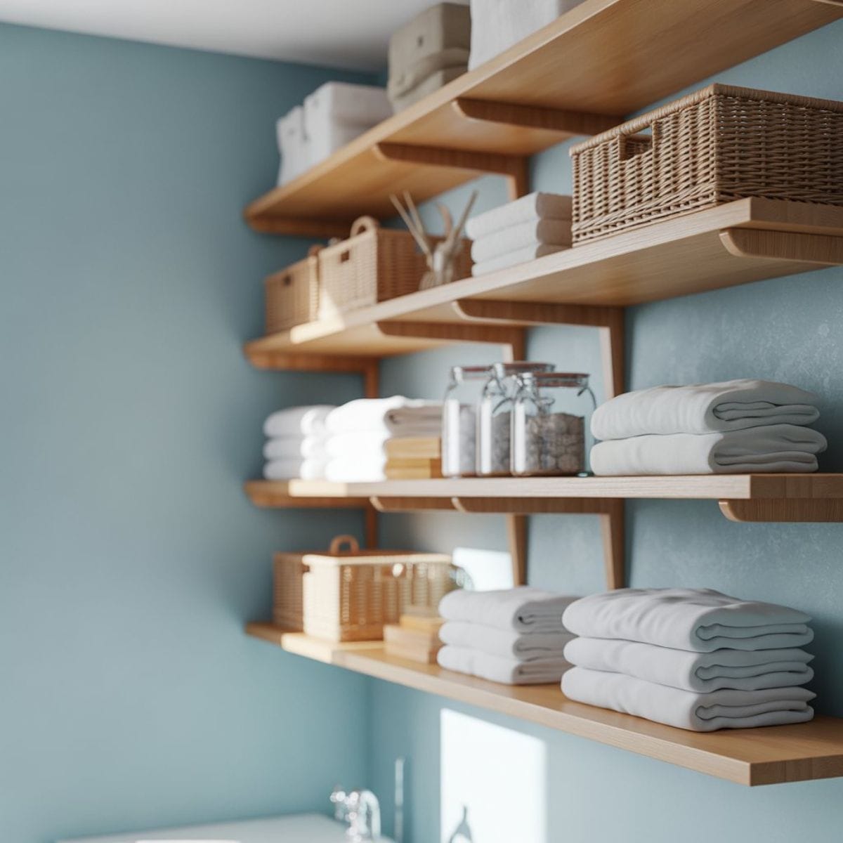 powdery blue walls and natural wood shelves