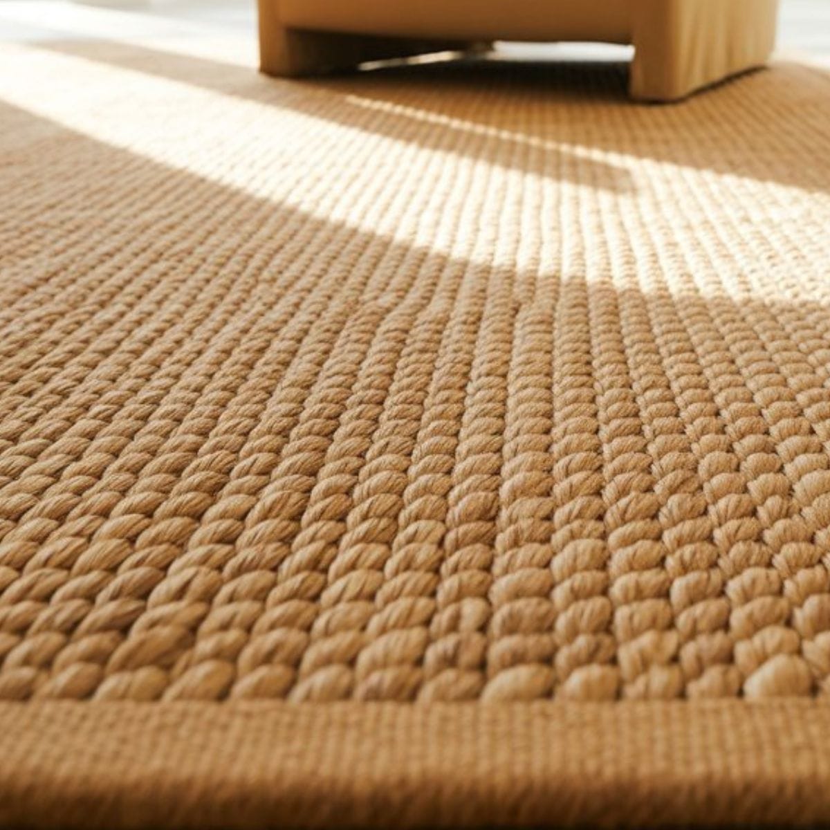 A high-quality natural sisal area rug with a tan border in a sun-drenched living room, showcasing the organic woven texture of the Hollywood Cottage trend.