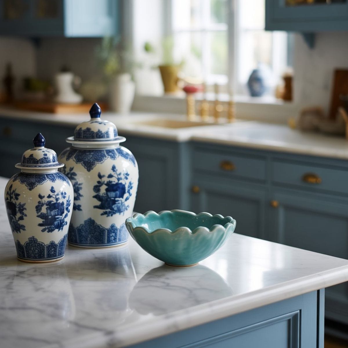 Vintage blue and white Chinoiserie ginger jars styled on a white marble countertop next to a soft aqua accent piece, representing the New Heritage color palette.
