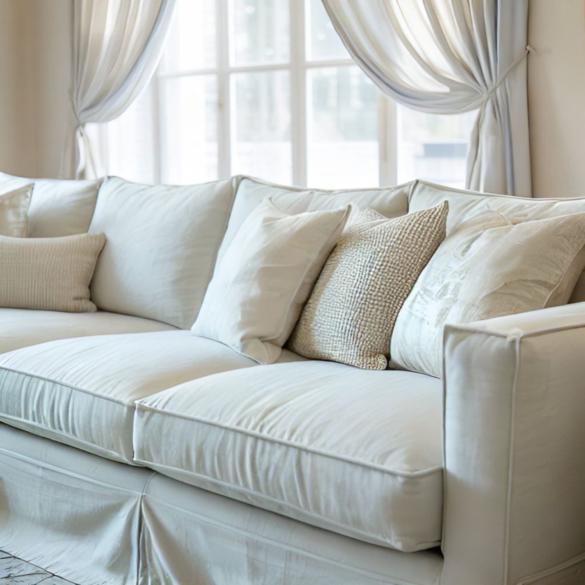 A luxurious off-white slipcovered linen sofa in a bright, airy living room, demonstrating a comfortable and curated high-end lifestyle aesthetic.