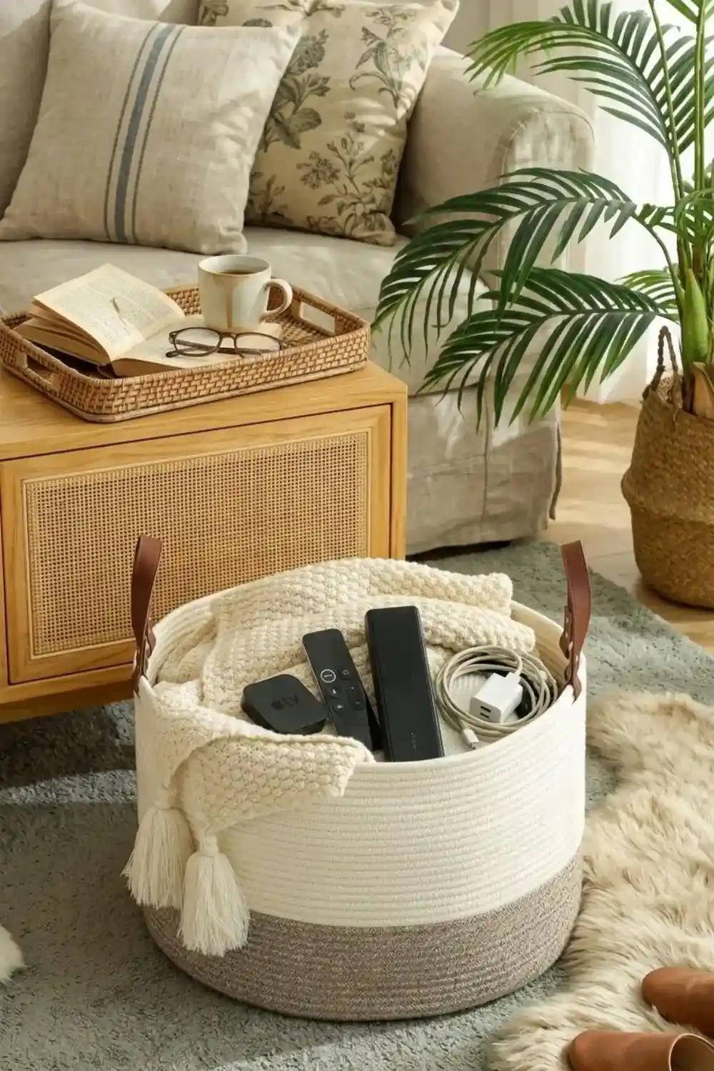 woven baskets for keeping blankets and other accessories