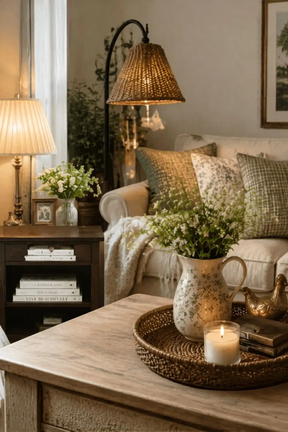 Floor lamp casting warm light over a comfy chair with a throw.