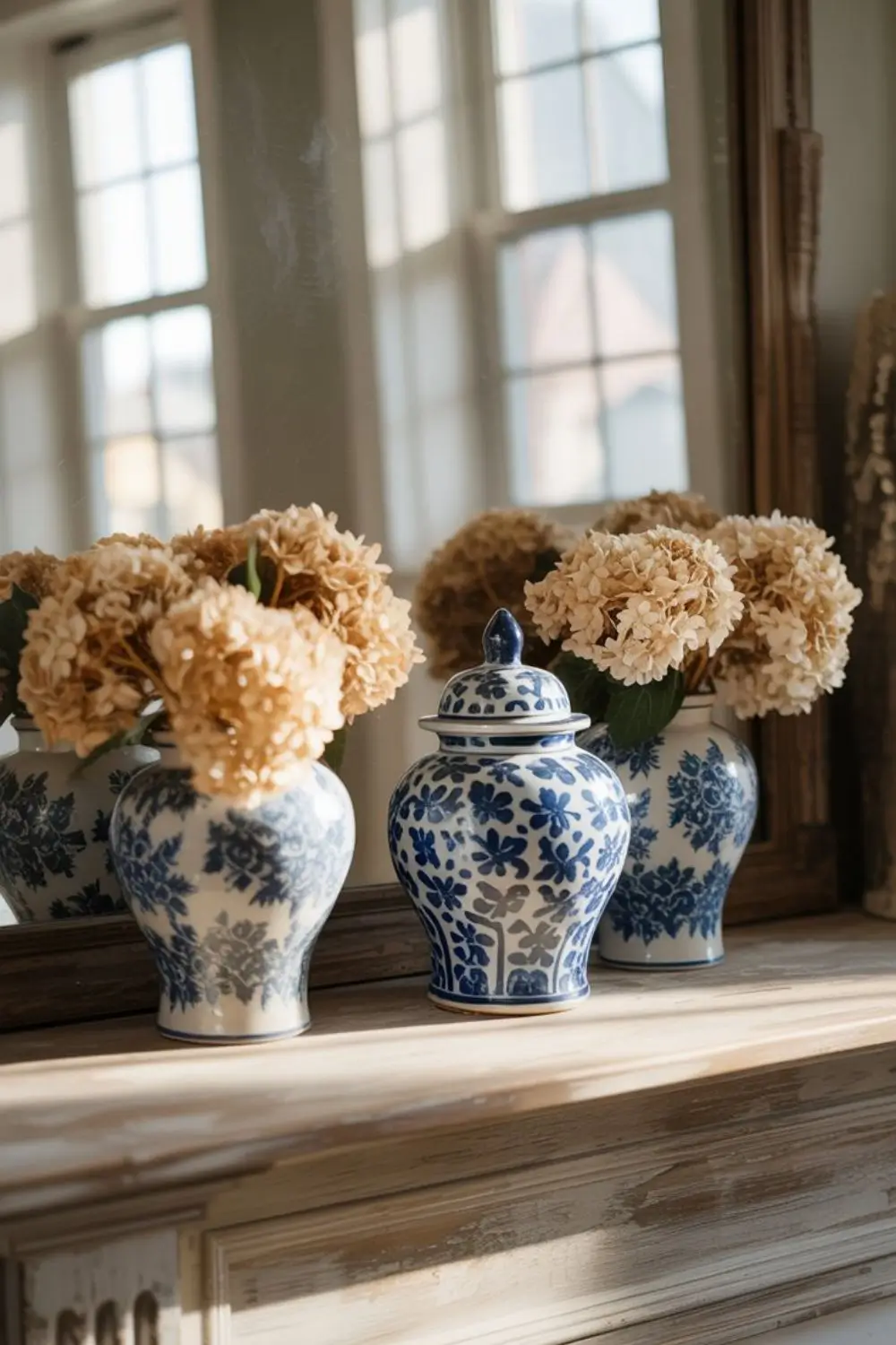 blue and white ginger jars on a mantle 