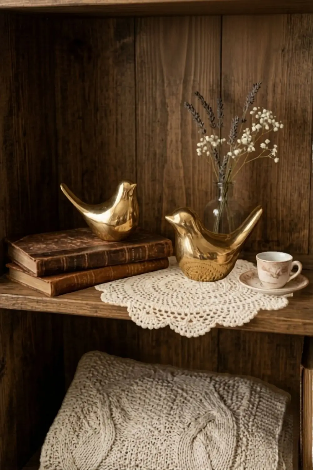 Brass birds on a shelf 
