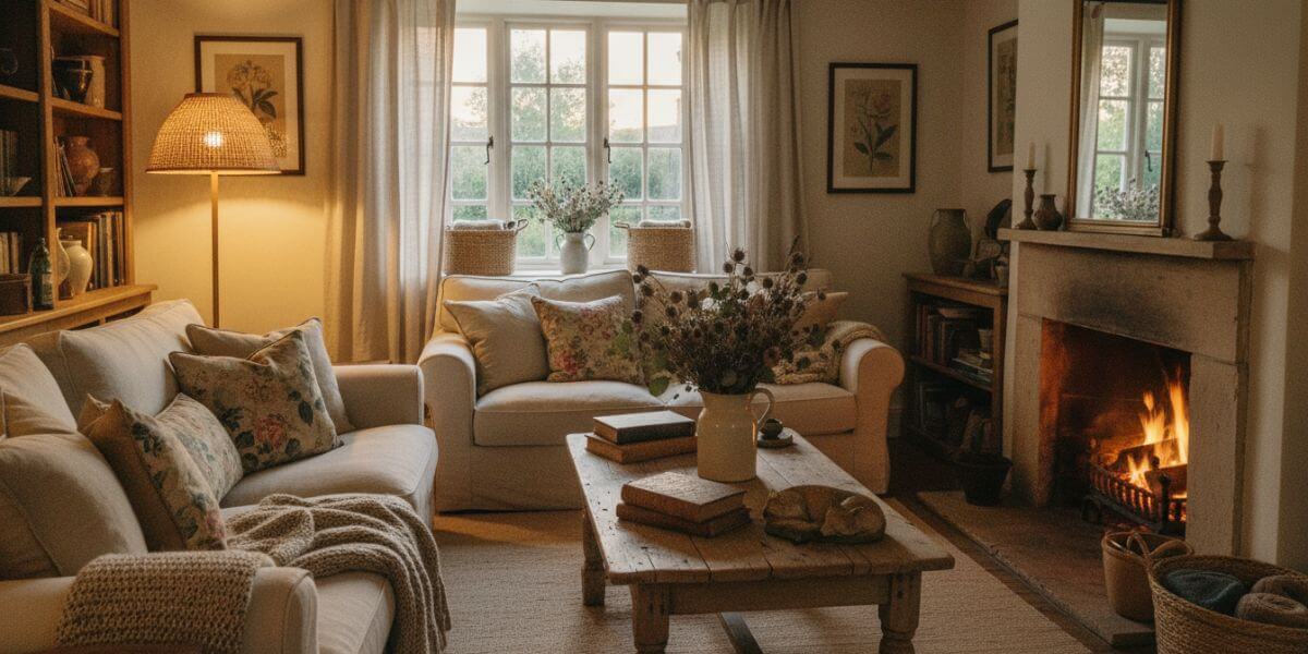 Cozy cottagecore living room ideas with vintage decor and warm lighting.