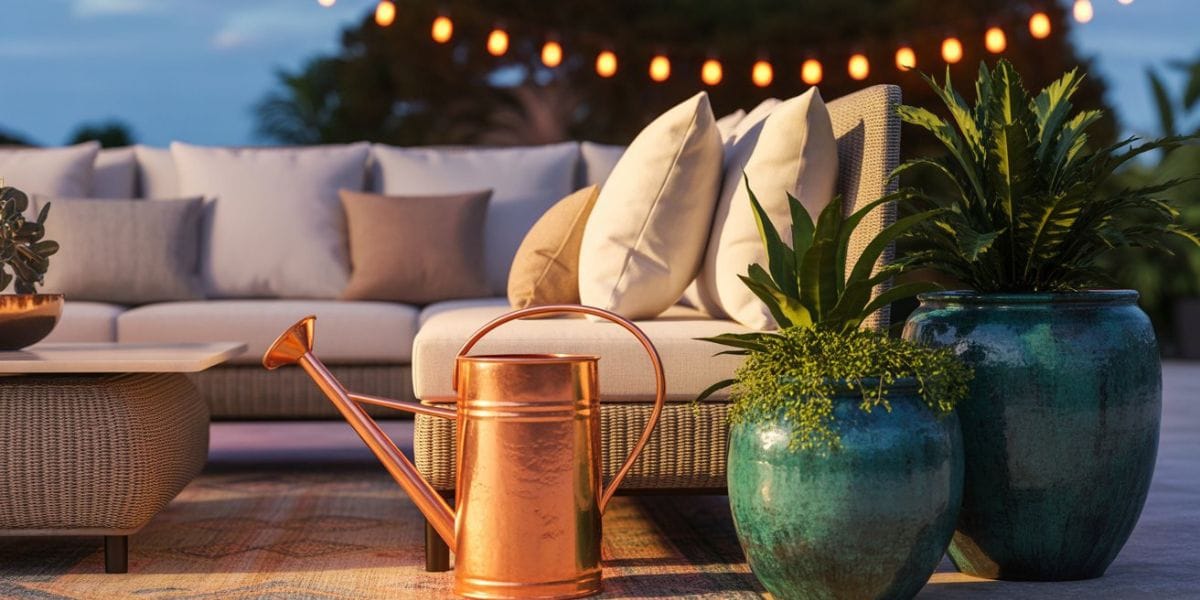 A curated outdoor patio featuring a patina stone fountain, teal glazed planters, and warm solar lighting, demonstrating slow interior design principles.