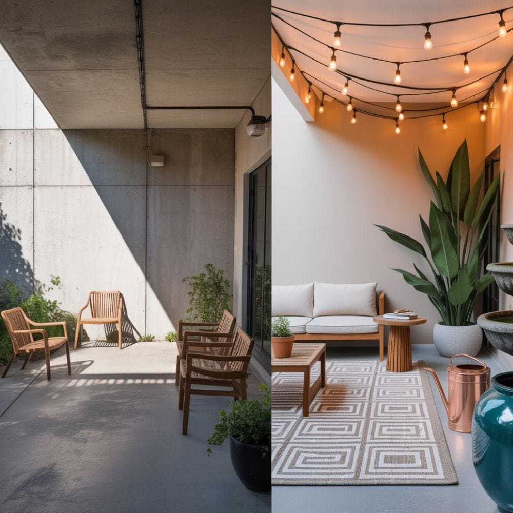 outdoor room styling comparison of a sterile utility patio versus a curated restorative outdoor room with slow design elements.