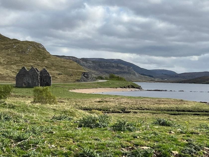 Calda House ruins on the shore of Loch Assynt Sutherland Scottish Highlands