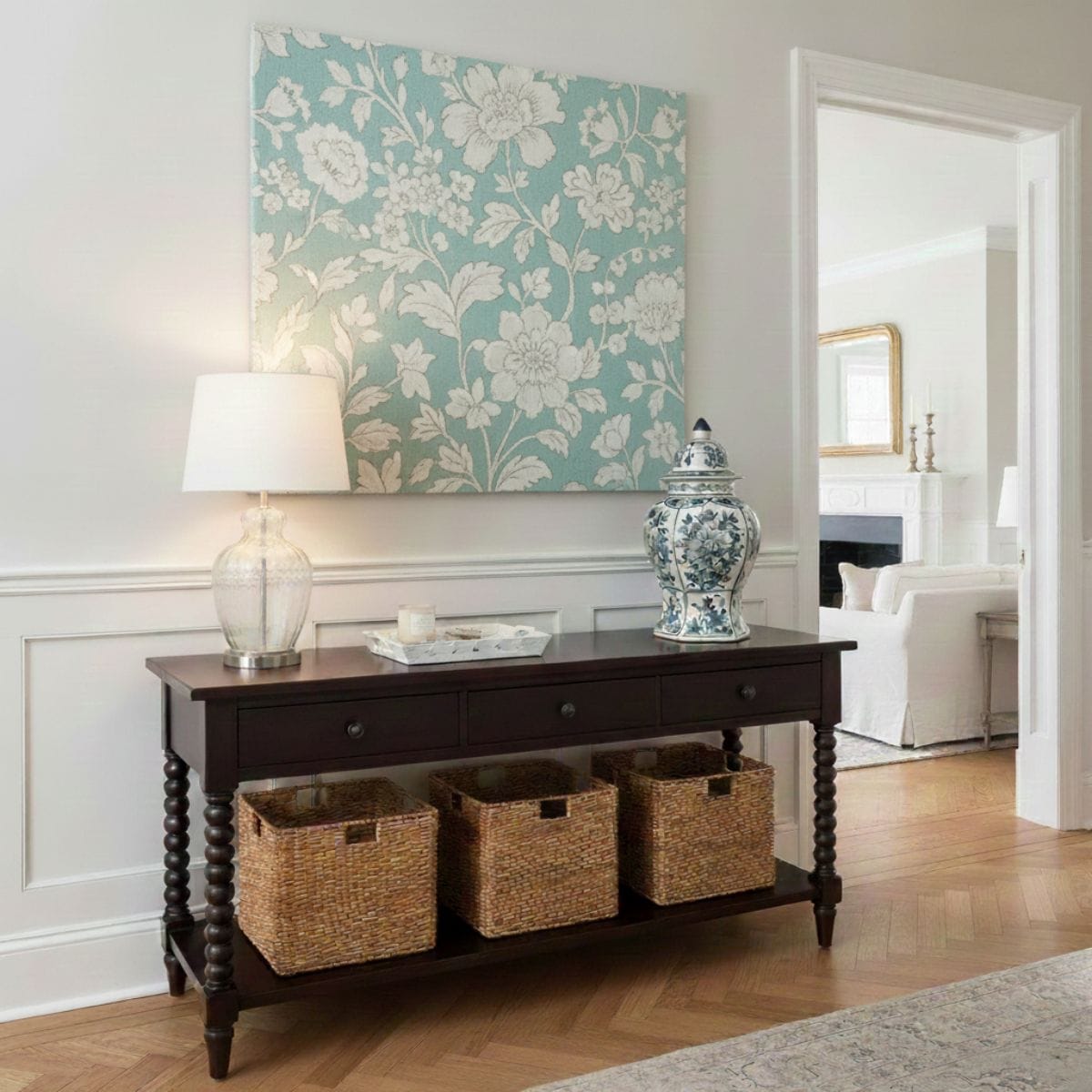 A dark oak console looks incredible when paired with an Accent Aqua (#48D1CC) textile.