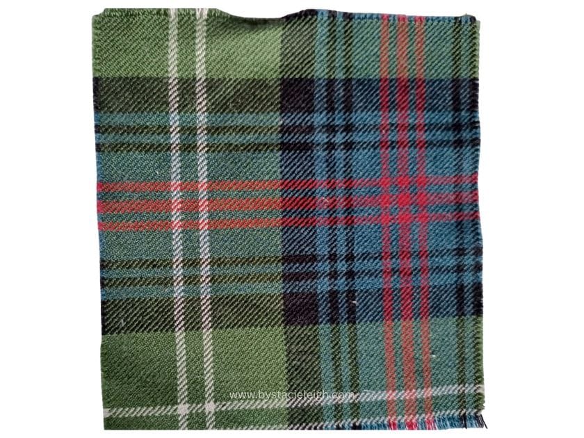 Sutherland clan tartan in moss green, teal, red and black