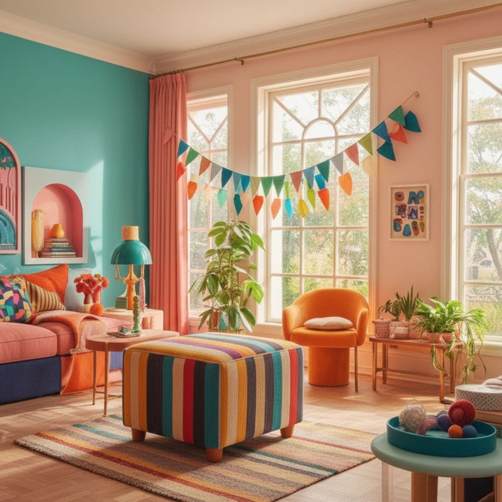 dopamine decor Livingroom with bright colorful textures and paint