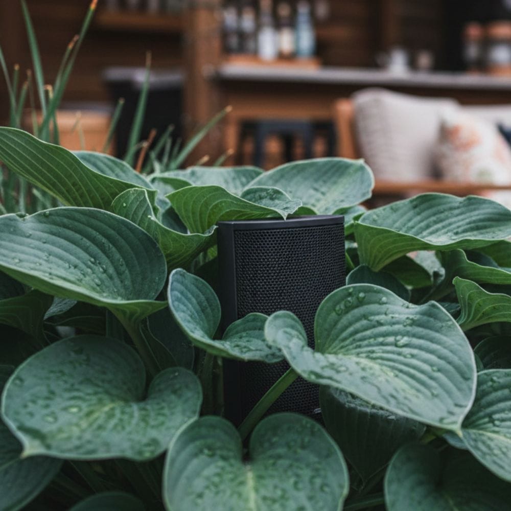 Discreet rock speaker hidden in a biophilic garden soundscape for effortless outdoor elegance.