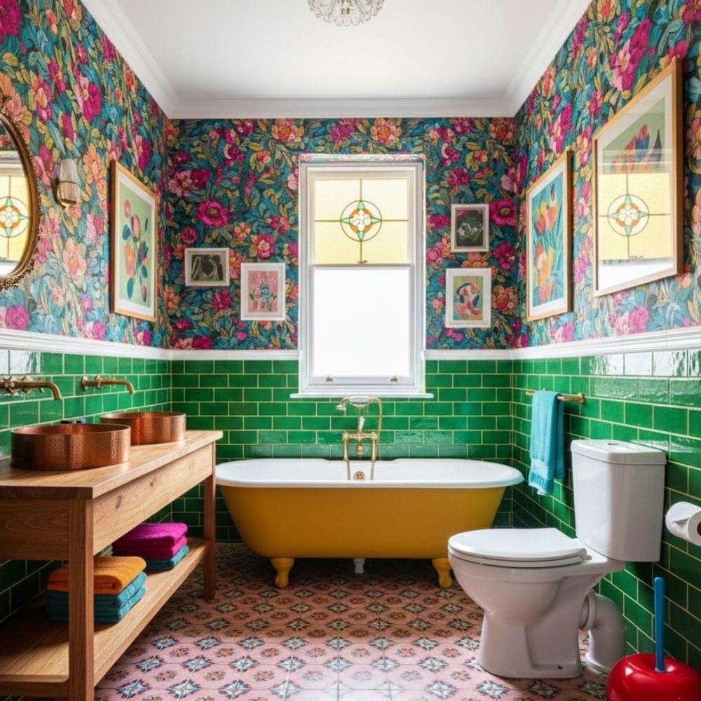 Dopamine decor bathroom featuring a sculptural red cherry toilet brush set and a gold frog paper towel holder on a white tiled floor.