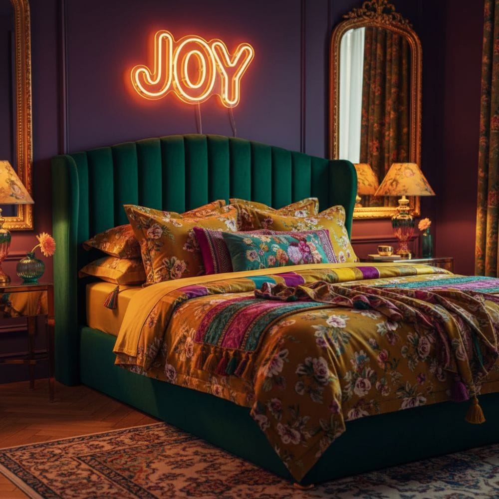 Dopamine decor bedroom with emerald green velvet headboard, floral wallpaper, neon joy sign, and a vibrant geometric tufted rug.