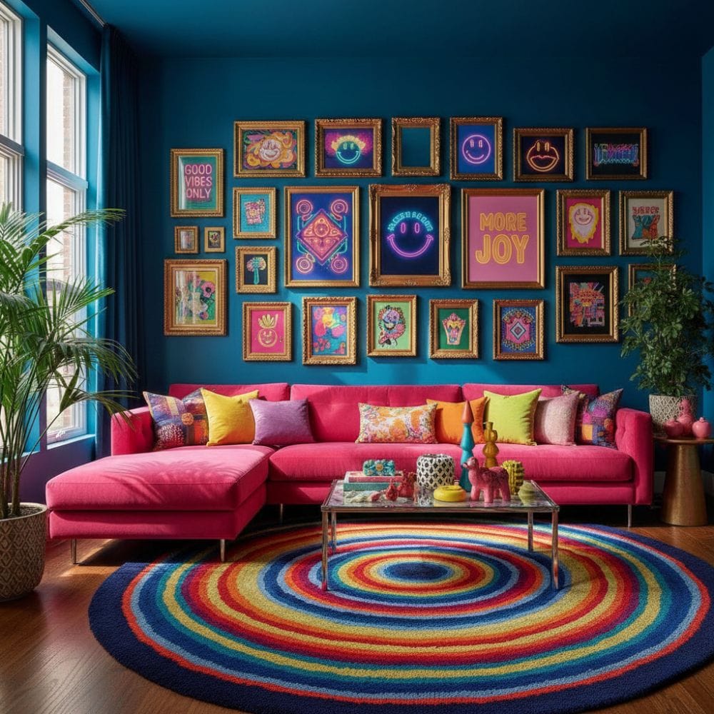 Maximalist dopamine decor living room with a bright pink velvet sofa, teal walls, and an eclectic gallery wall with gold frames.g.