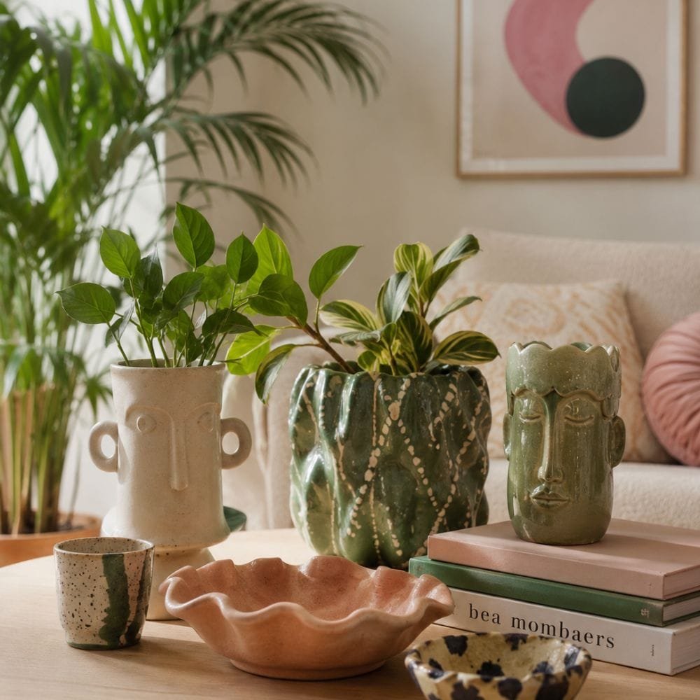 Handmade ceramic face vases, sculptural planters, and quirky bowls styled on a wooden coffee table in a bright living room, creating a collected, artistic home decor display with natural textures and greenery.
