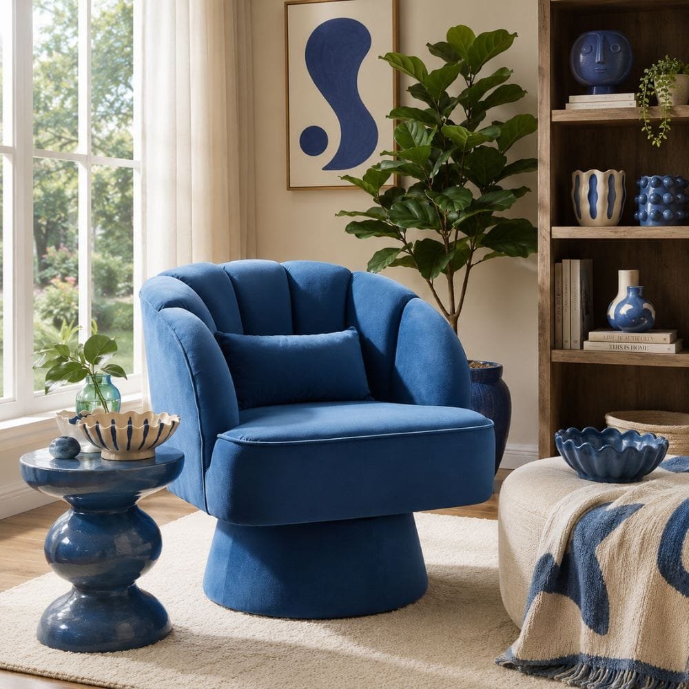 A cozy, funky reading corner featuring a vibrant blue scalloped swivel armchair placed next to a floor lamp and a tall bookshelf filled with colorful books, textiles, and unique decorative accents.