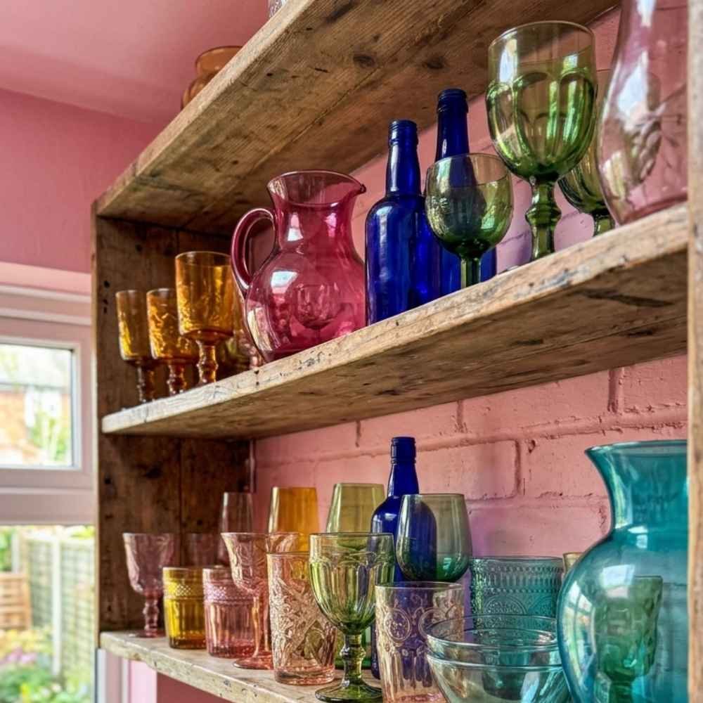 Open wooden shelving in a vibrant pink kitchen filled with a curated collection of colorful glassware, including amber, cobalt blue, and pink glass vases and cups for funky home decor inspiration.