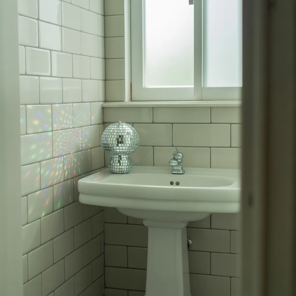 bathroom with a decorative disco ball mushroom 