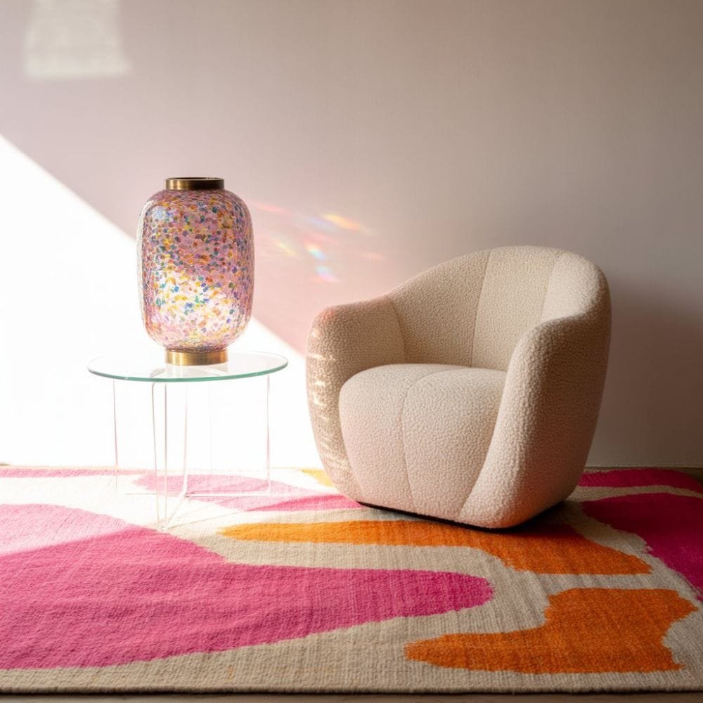 a textured cream chair, a vibrant, patterned woven rug with abstract shapes and pink and orange tones, next to a small glass side table, and a highly unique, multicolored mosaic glass vase. 