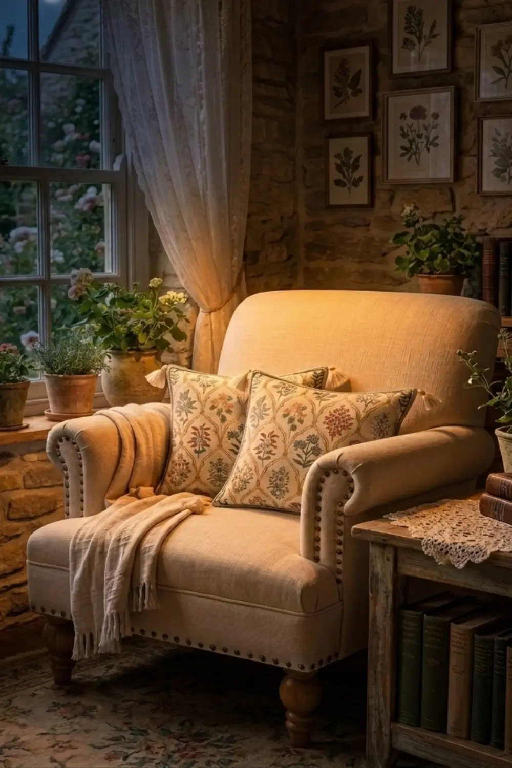 a comfortable linen upholstered armchair in a reading nook with a distressed side table and vintage rug