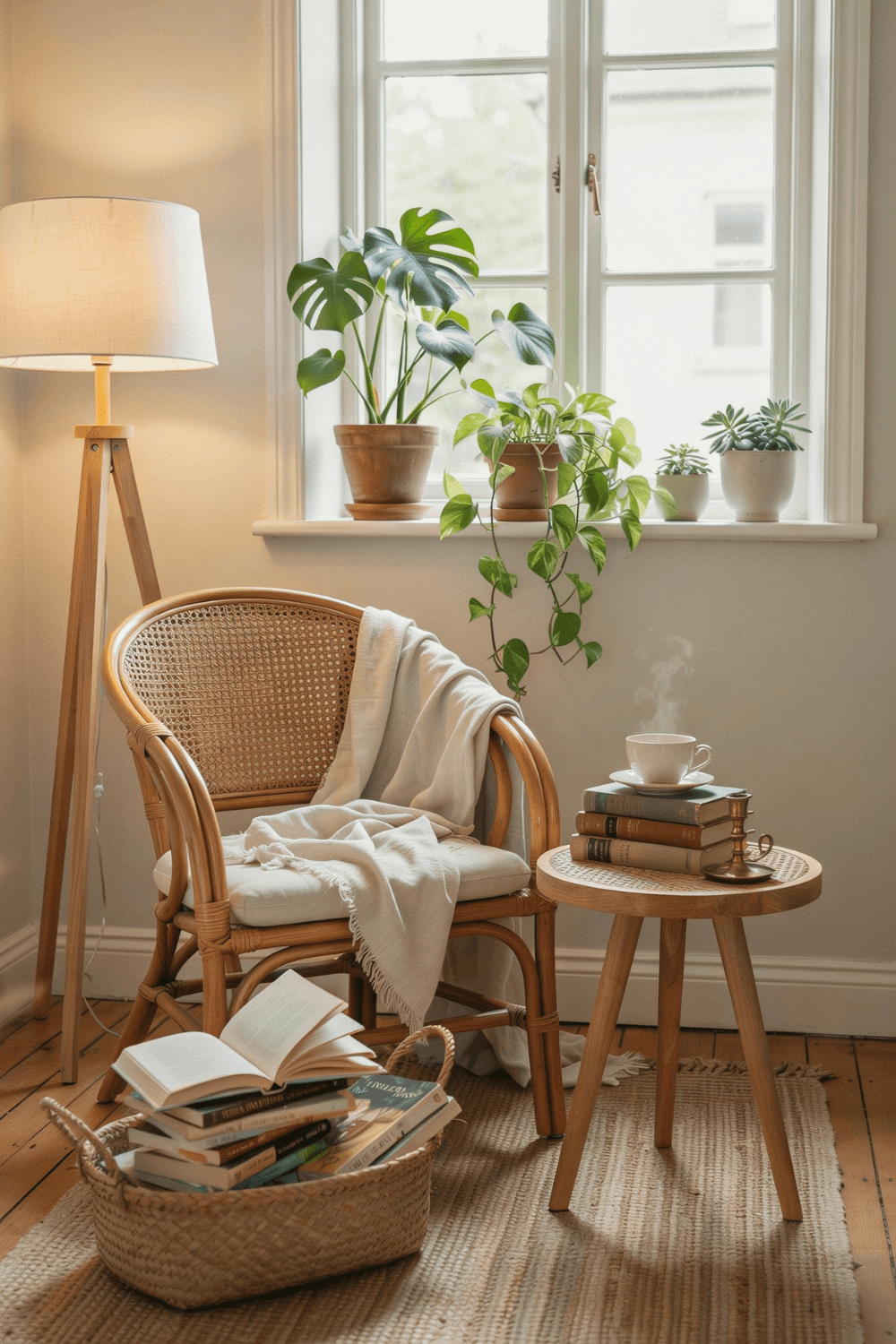 a wicher armchair with wicker sidetable, books, plants and standing lamp