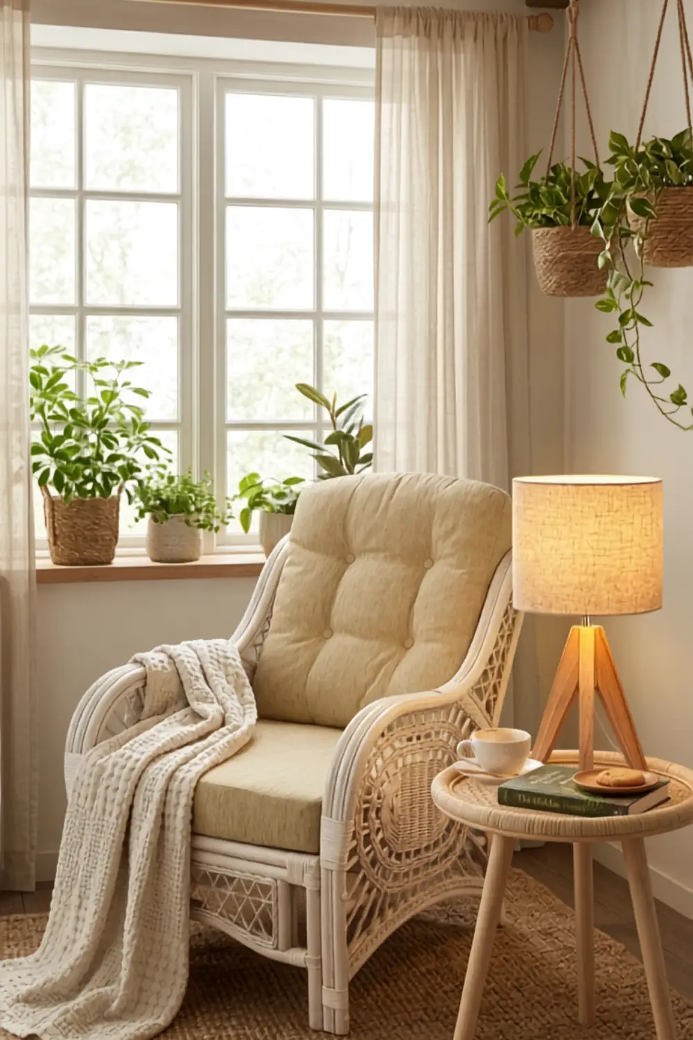 A vintage white wicker armchair with light beige or cream-colored cushions. The chair features intricate weaving and circular patterns on the sides. It is placed in a well-lit room next to a potted palm and by a large window with sheer curtains. A round jute rug is underneath it.