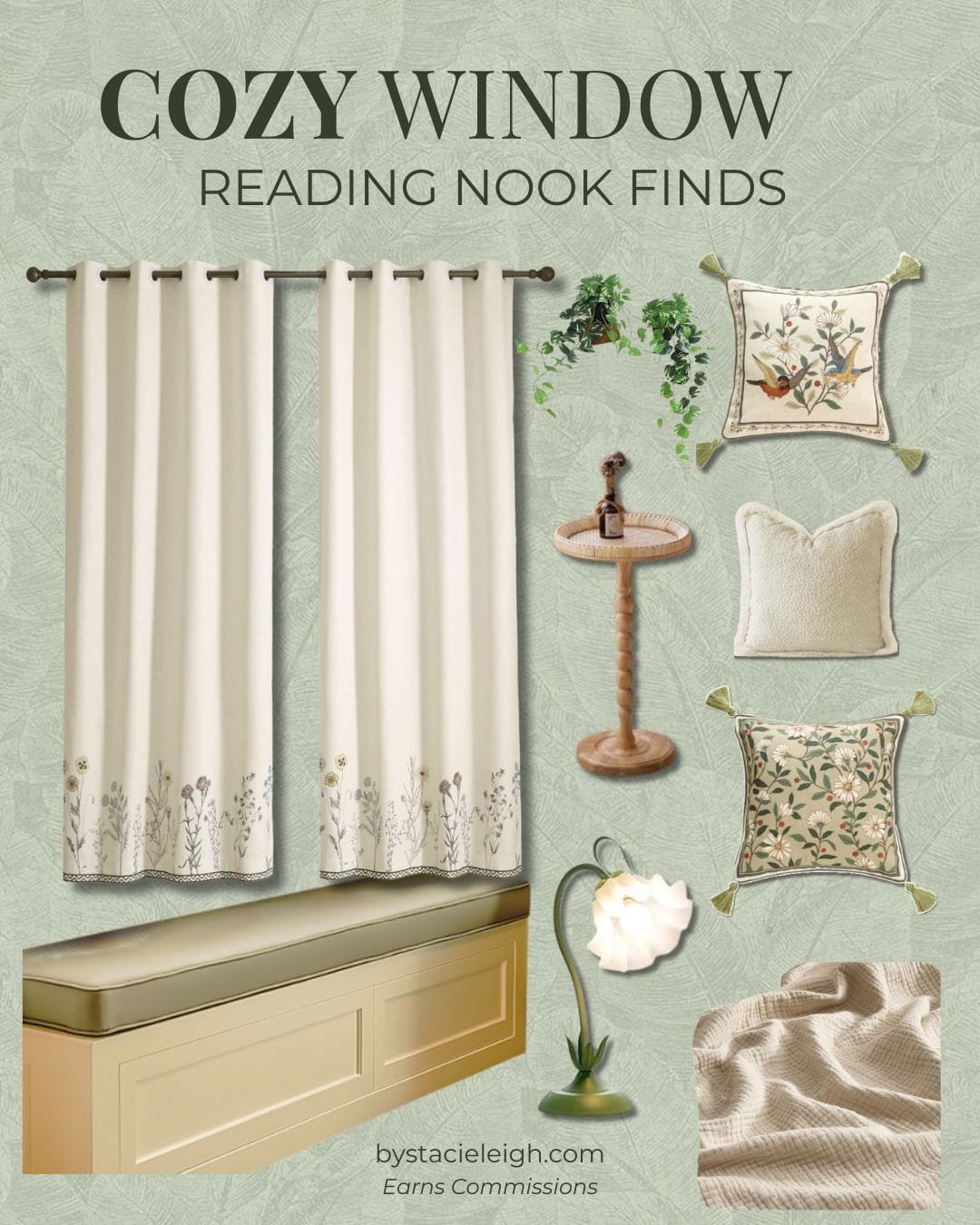 collage of 9 items to diy a window reading nook