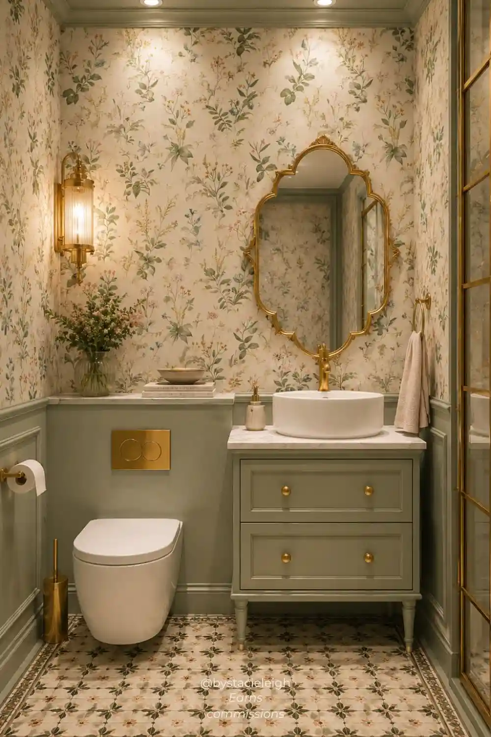 Beige Botanical Wallpaper for a Powder Room