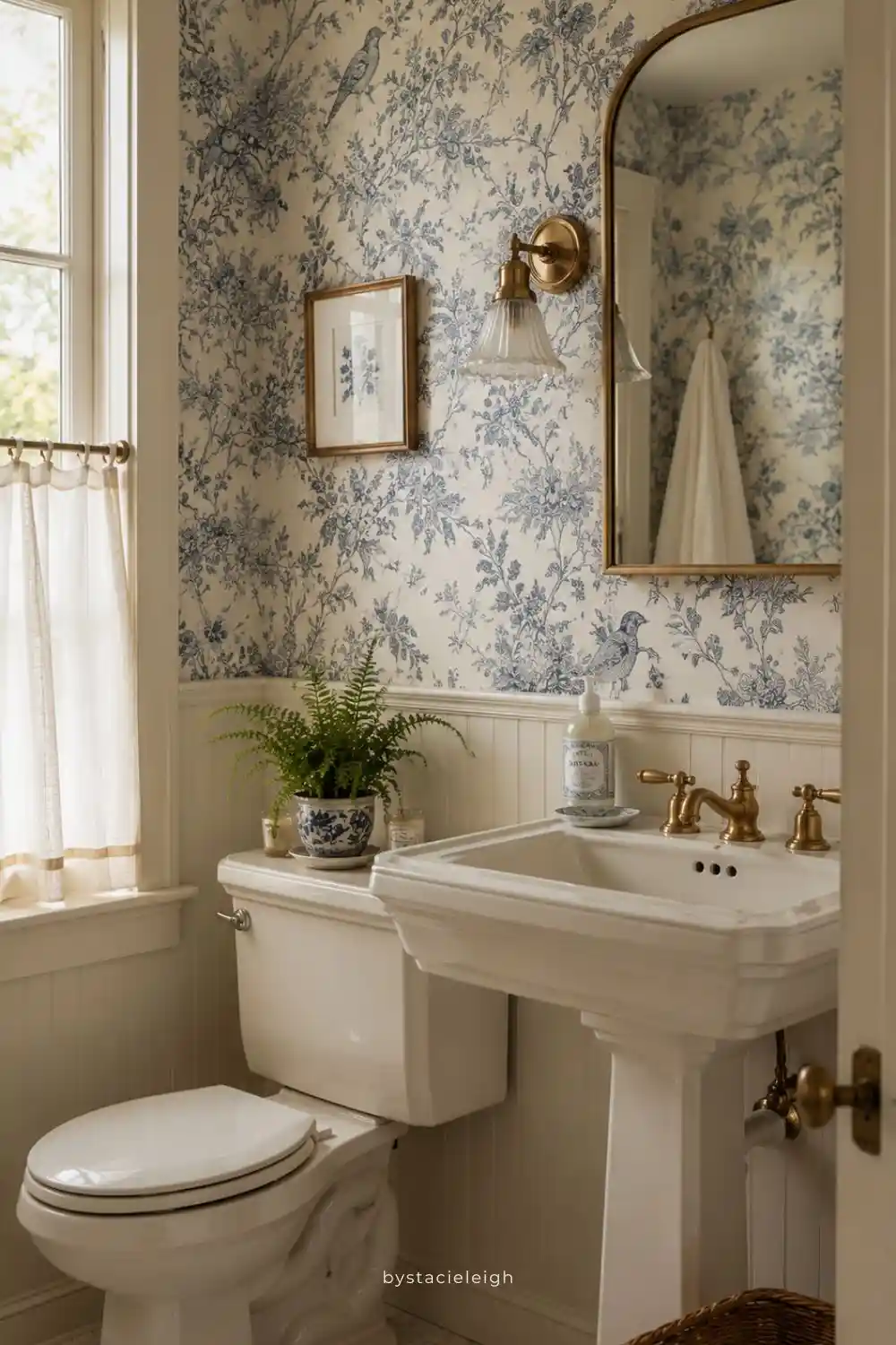 A cottagecore bathroom with blue and white toile wallpaper featuring botanical illustrations and birds, Shell White fixtures, gold hardware, small fern