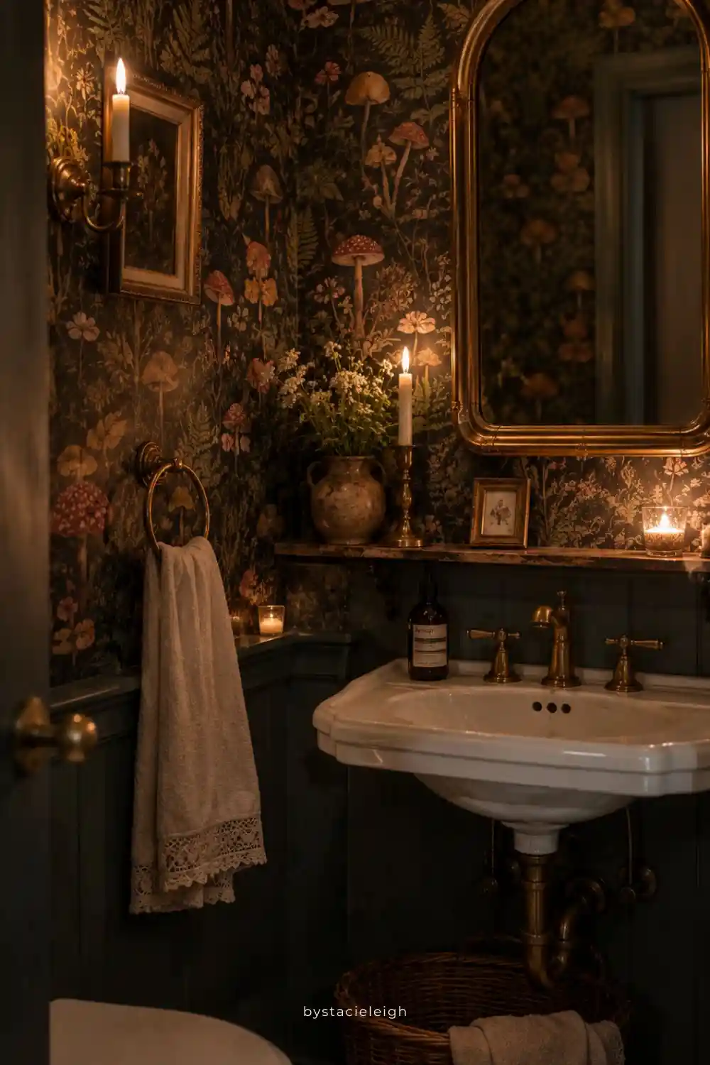 a cottagecore powder room with dark botanical mushroom wallpaper,