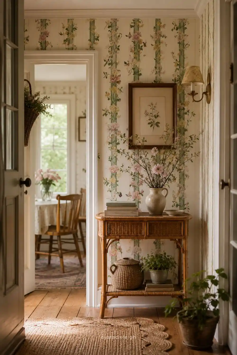 cottagecore wallpaper ideas  with cream wallpaper featuring climbing botanical florals in sage green dusty pink and soft yellow, warm wood floors, a small rattan console table