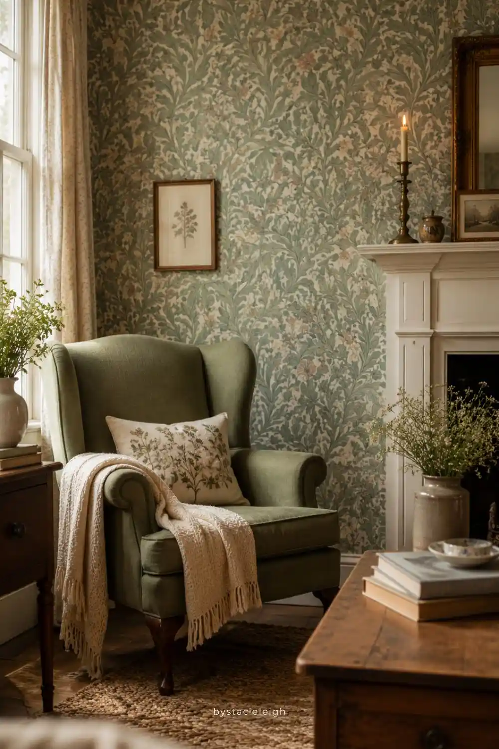 A cottagecore living room feature wall with sage green William Morris botanical wallpaper, wingback chair, warm natural light