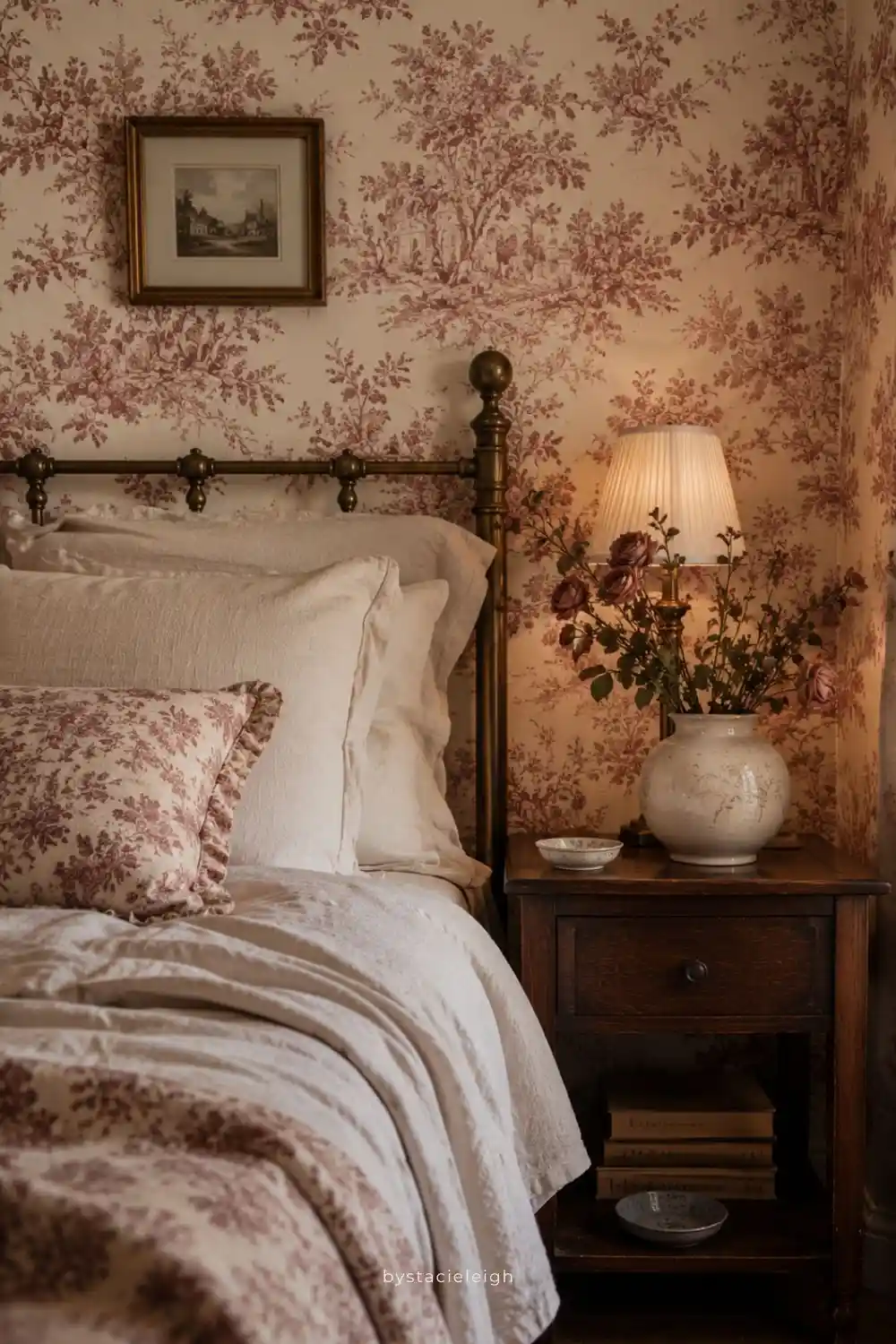 a cottagecore bedroom with dusty maroon rose toile wallpaper on cream background, cream linen bedding, warm wood nightstand, dried rose stems in a ceramic vase, soft warm lamp light
