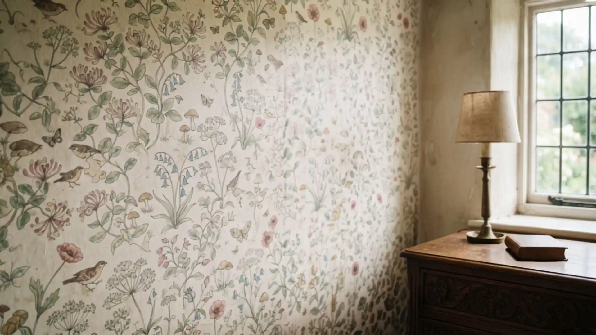 cottagecore wallpaper ideas, aged bedroom wall in a historic English cottage, showcasing a beautiful, vintage-style wallpaper. The wallpaper features a hand-drawn, illustrated botanical pattern with a collected, decades-old feeling