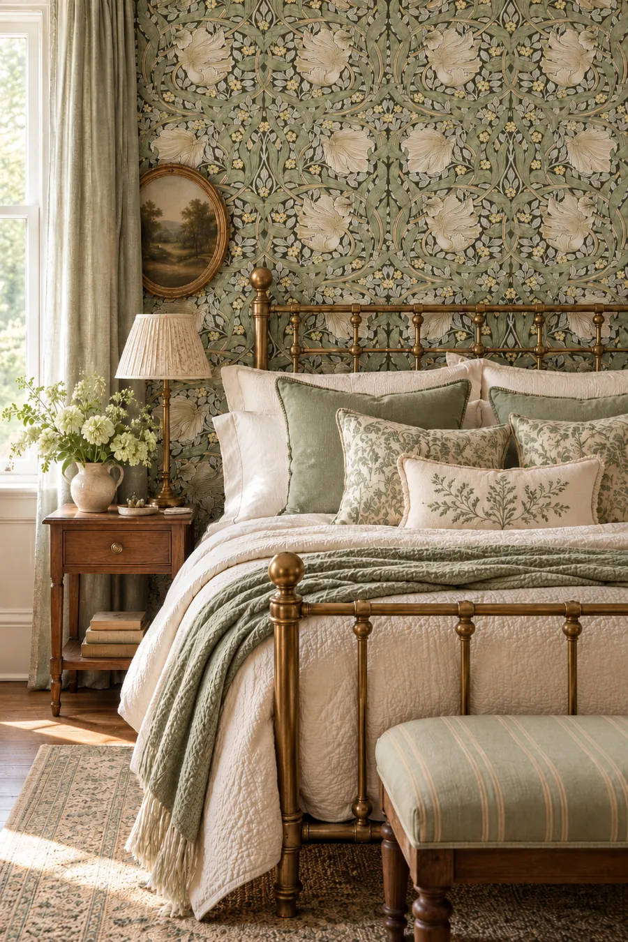 English cottage bedroom with a brass bed, cream quilt, sage green accents and botanical wallpaper