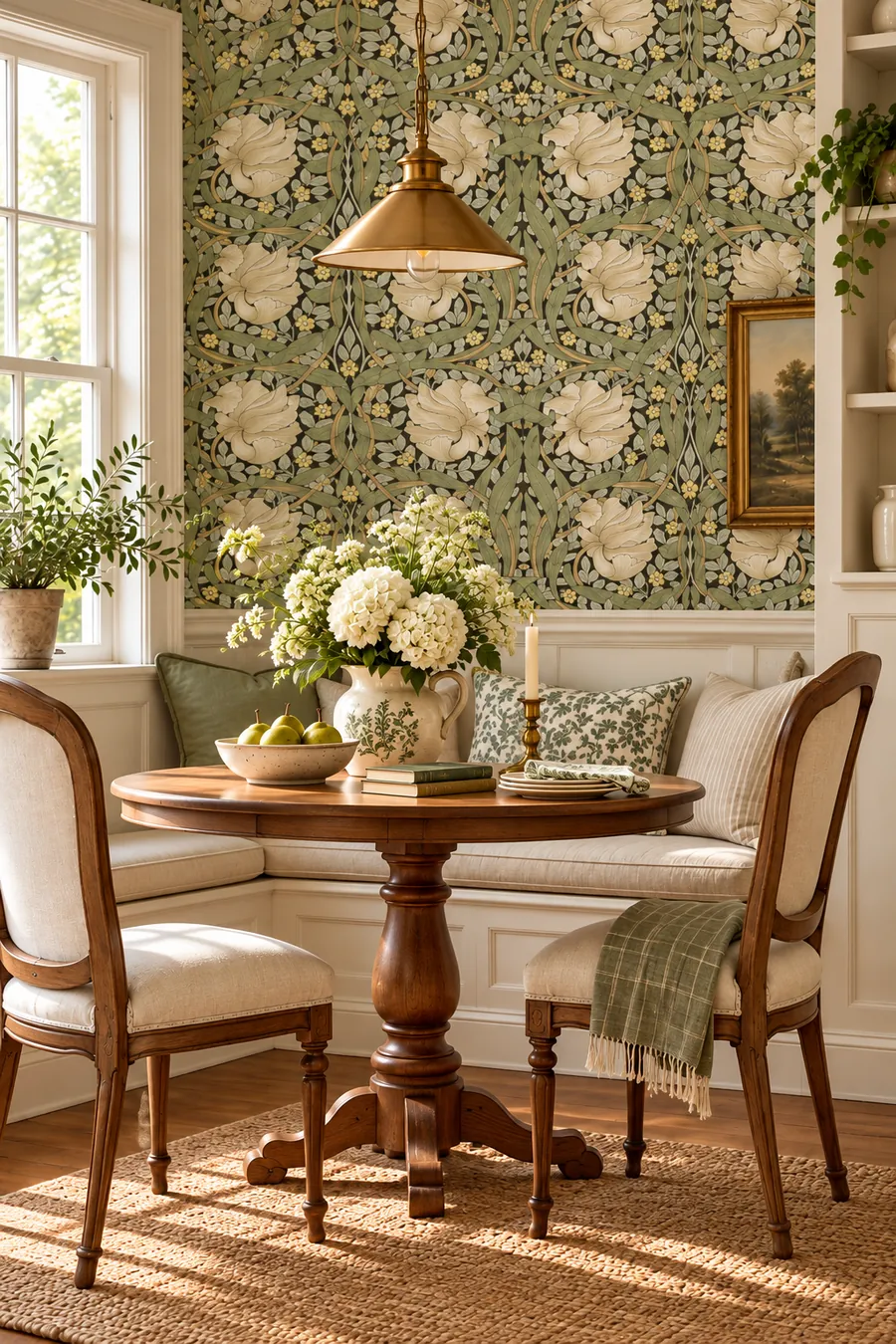 Cottage breakfast nook with sage botanical wallpaper, round wooden table and upholstered chairs
