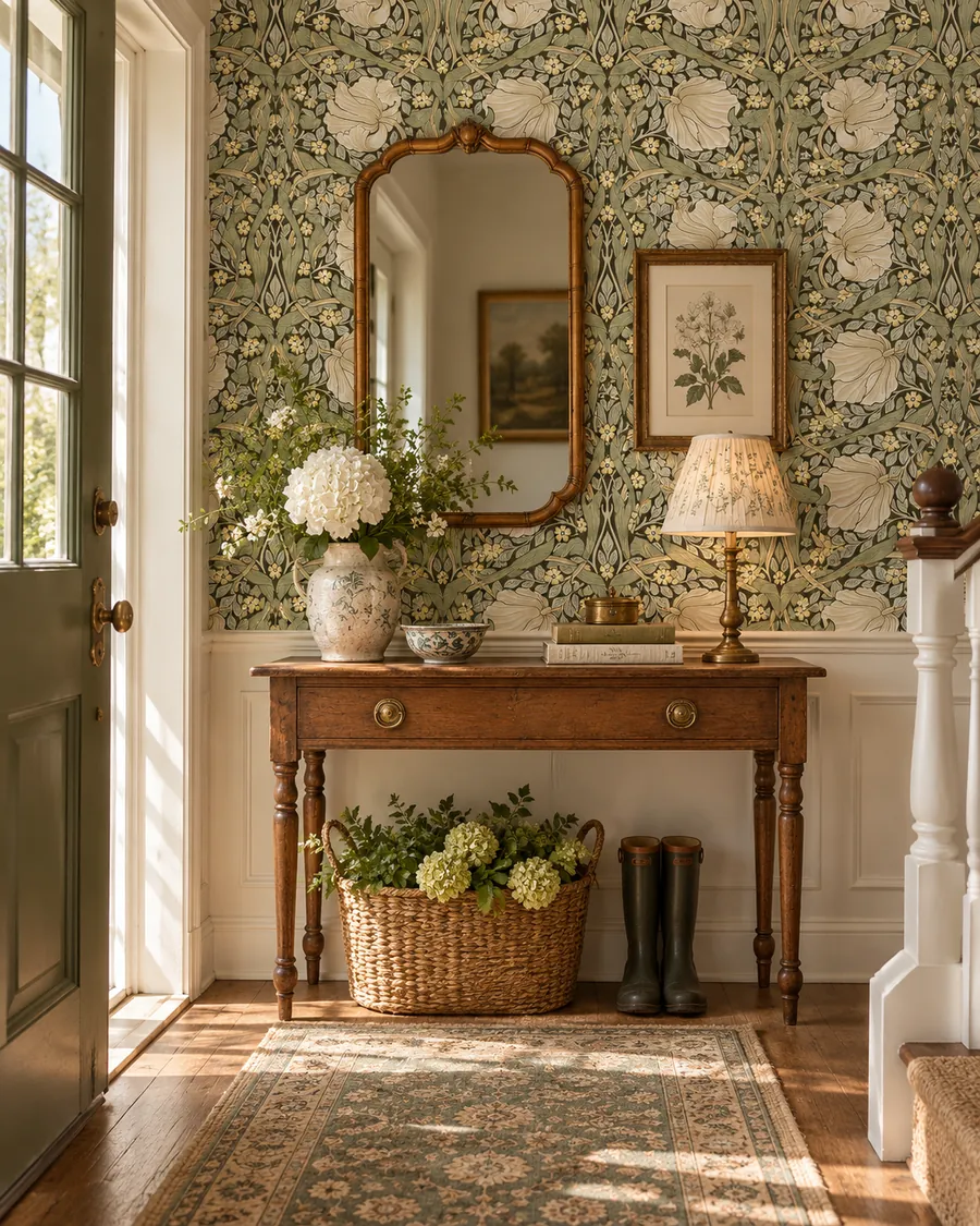 Traditional cottage entryway with sage and cream floral wallpaper above an antique wooden console